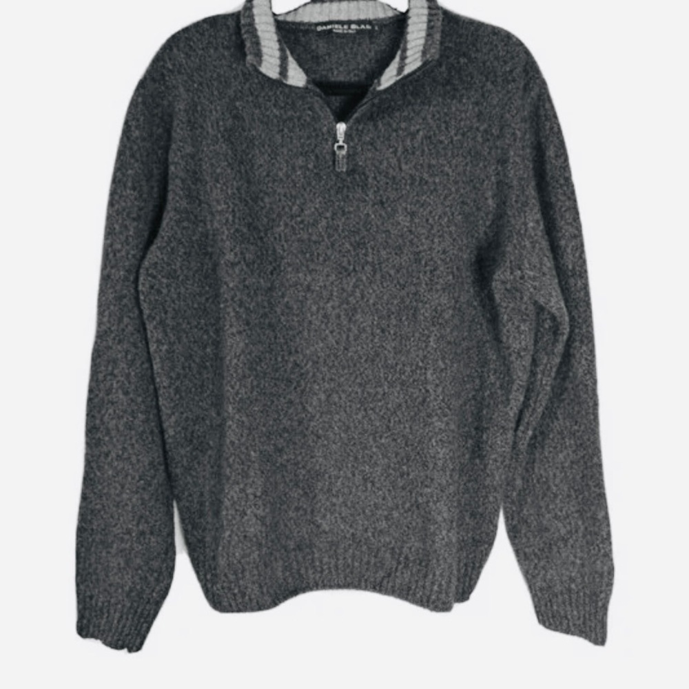 DANIELE BLASI Wool Pullover 1/4 Zip Sweater, charcoal gray